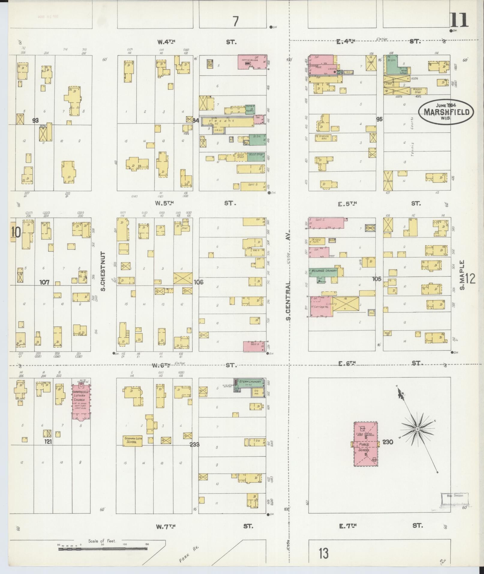 Sanborn Fire Insurance Map from Marshfield, Wood County, Wisconsin (1904), Sheet #0011 - Complete Map Set gallery image, historic Sanborn map, vintage wall art, Wisconsin Wisconsin