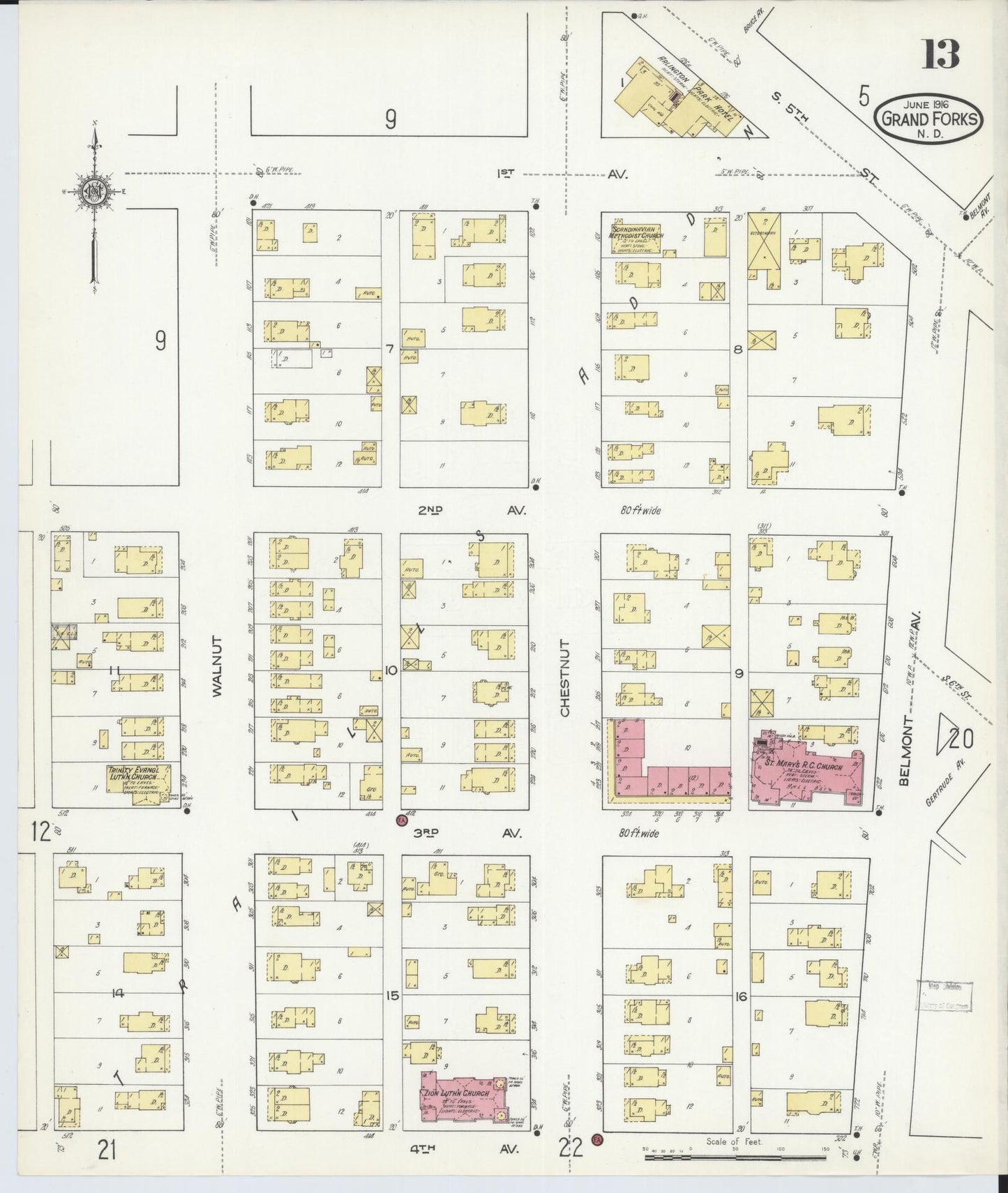 Sanborn Fire Insurance Map from Grand Forks, Grand Forks County, North Dakota (1916), Sheet #0013 - Complete Map Set gallery image, historic Sanborn map, vintage wall art, North Dakota North Dakota