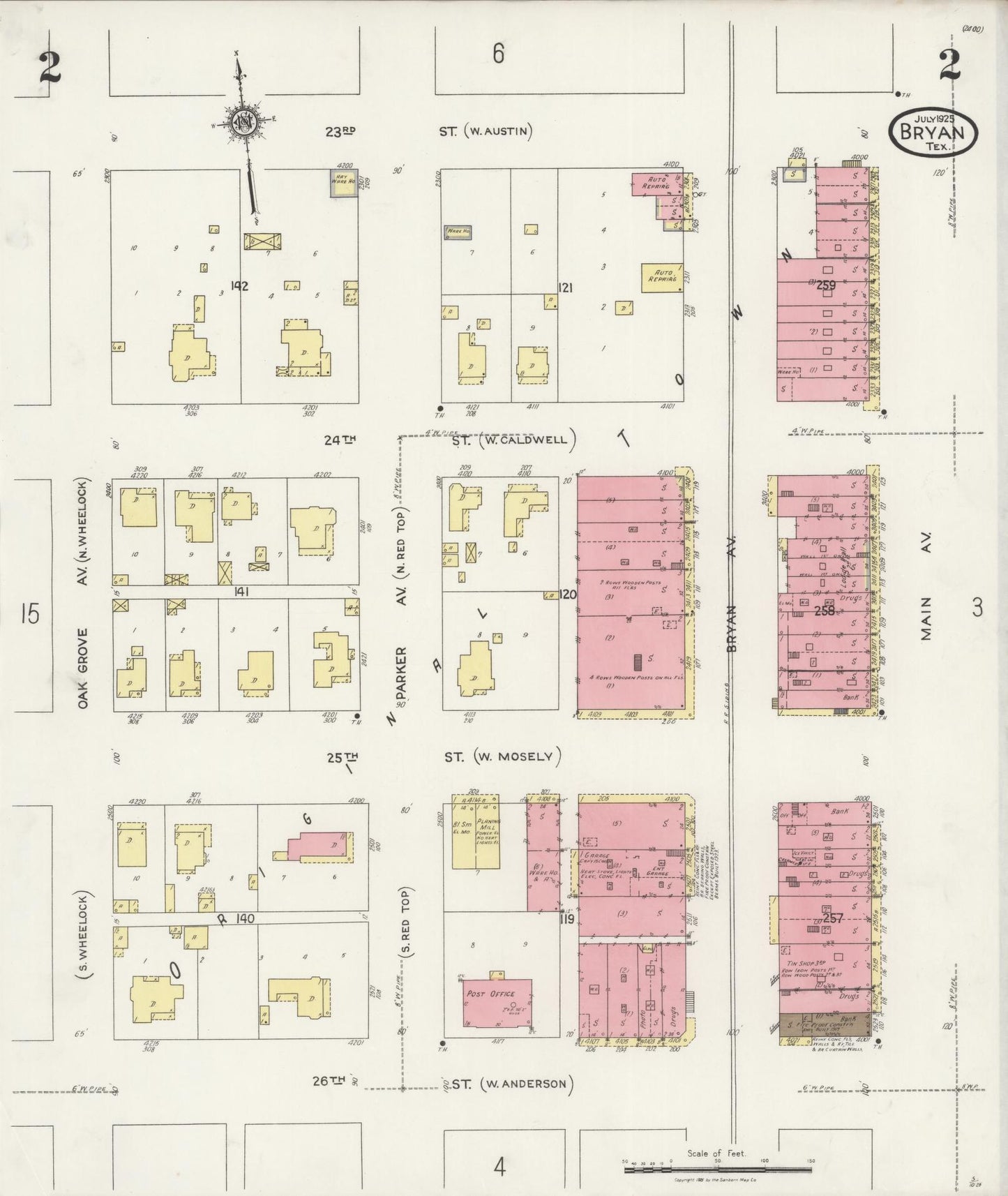 Sanborn Fire Insurance Map from Bryan, Brazos County, Texas (1925), Sheet #0002 - Historic Sanborn Fire Insurance Map Print, vintage old map wall art, antique decor, genealogy gift, Texas Texas map