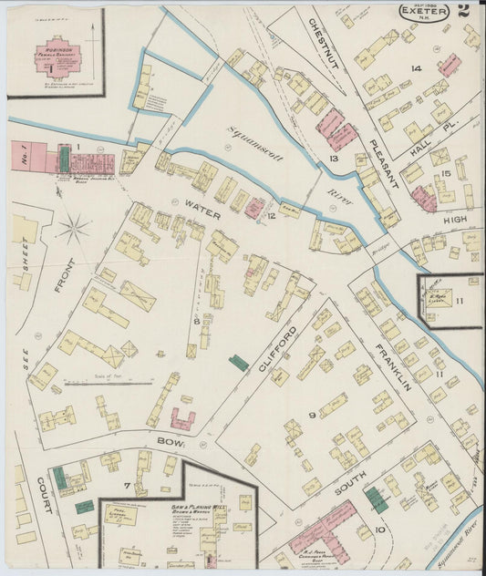 Sanborn Fire Insurance Map from Exeter, Rockingham County, New Hampshire (1885), Sheet #0002 - Historic Sanborn Fire Insurance Map Print, vintage old map wall art, antique decor, genealogy gift, New Hampshire New Hampshire map