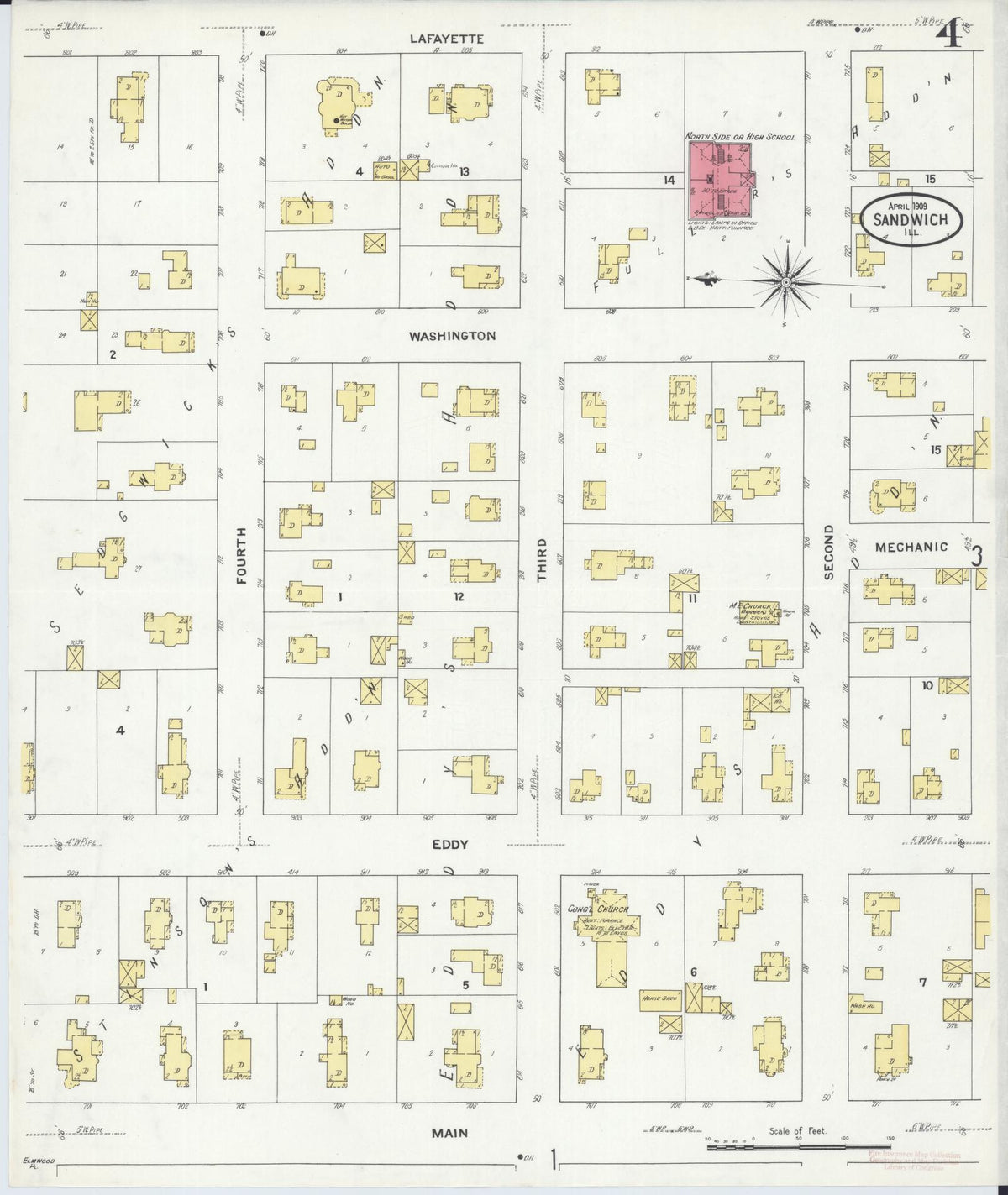 Sanborn Fire Insurance Map from Sandwich, De Kalb County, Illinois (1909), Sheet #0004 - Complete Map Set gallery image, historic Sanborn map, vintage wall art, Illinois Illinois