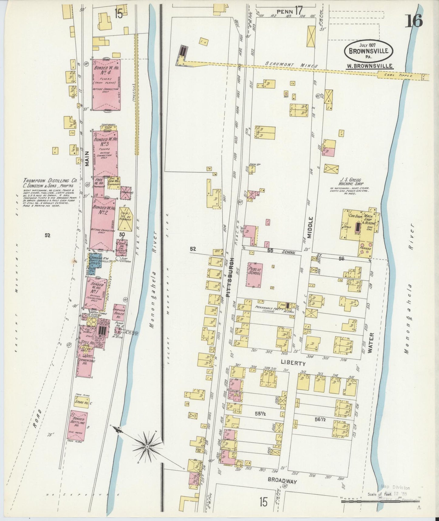 Sanborn Fire Insurance Map from Brownsville, Fayette County, Pennsylvania (1907), Sheet #0016 - Historic Sanborn Fire Insurance Map Print, vintage old map wall art, antique decor, genealogy gift, Pennsylvania Pennsylvania map