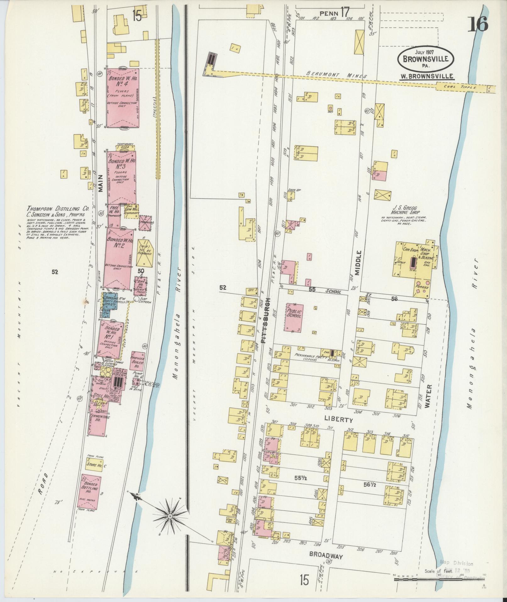 Sanborn Fire Insurance Map from Brownsville, Fayette County, Pennsylvania (1907), Sheet #0016 - Historic Sanborn Fire Insurance Map Print, vintage old map wall art, antique decor, genealogy gift, Pennsylvania Pennsylvania map