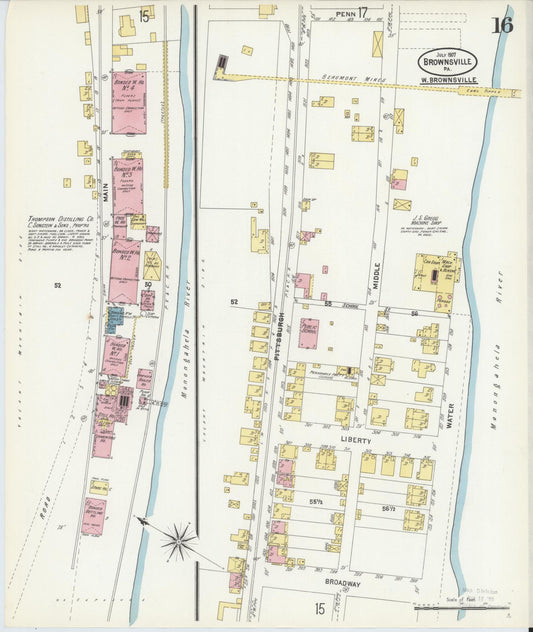 Sanborn Fire Insurance Map from Brownsville, Fayette County, Pennsylvania (1907), Sheet #0016 - Historic Sanborn Fire Insurance Map Print, vintage old map wall art, antique decor, genealogy gift, Pennsylvania Pennsylvania map