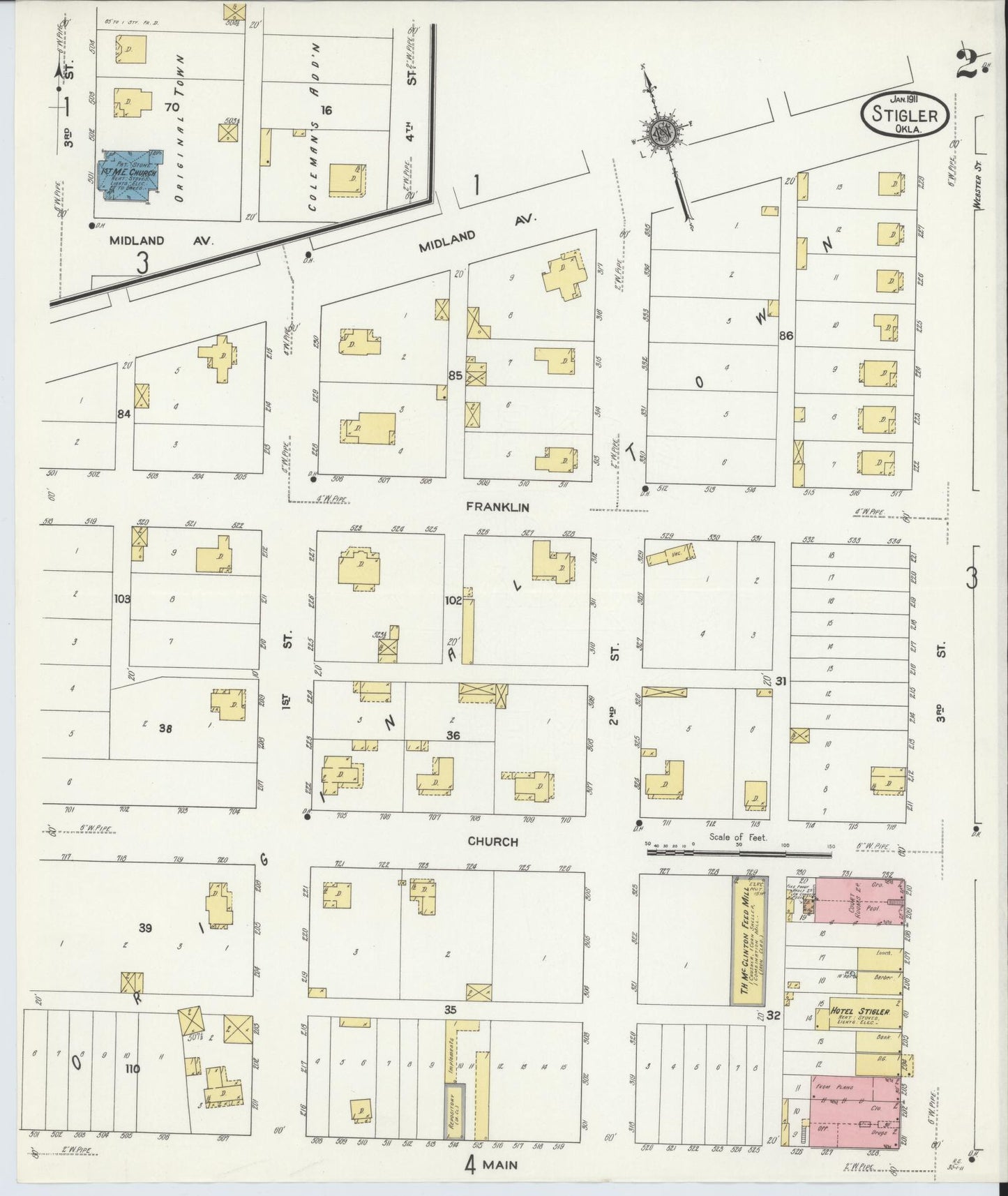 Sanborn Fire Insurance Map from Stigler, Haskell County, Oklahoma (1911), Sheet #0002 - Historic Sanborn Fire Insurance Map Print, vintage old map wall art, antique decor, genealogy gift, Oklahoma Oklahoma map