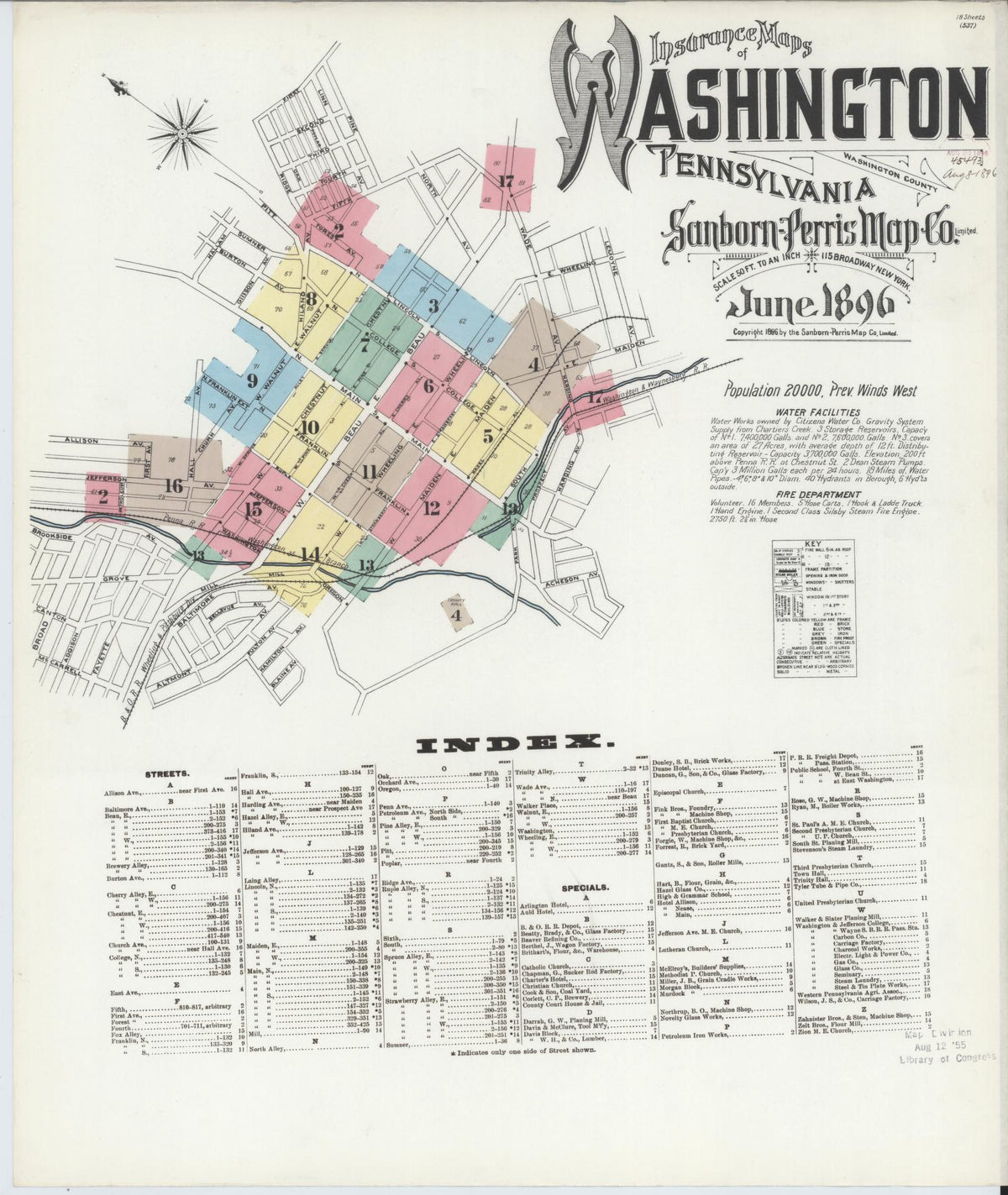 Sanborn Fire Insurance Map from Washington, Washington County, Pennsylvania (1896), Sheet #0001 - Historic Sanborn Fire Insurance Map Print, vintage old map wall art, antique decor, genealogy gift, Pennsylvania Pennsylvania map