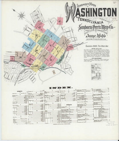 Sanborn Fire Insurance Map from Washington, Washington County, Pennsylvania (1896), Sheet #0001 - Historic Sanborn Fire Insurance Map Print, vintage old map wall art, antique decor, genealogy gift, Pennsylvania Pennsylvania map