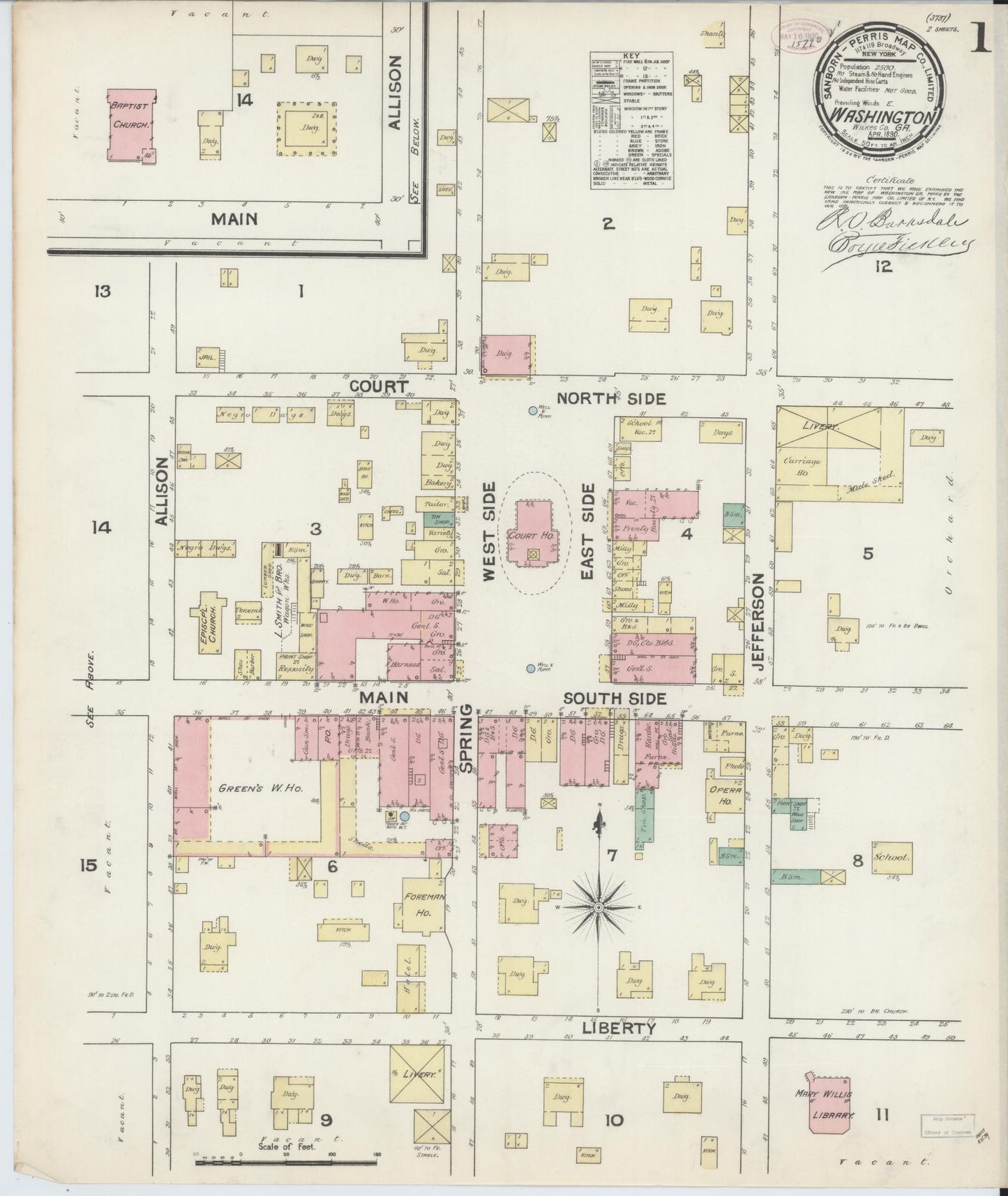 Sanborn Fire Insurance Map from Washington, Wilkes County, Georgia (1890), Sheet #0001 - Historic Sanborn Fire Insurance Map Print, vintage old map wall art, antique decor, genealogy gift, Washington Washington map