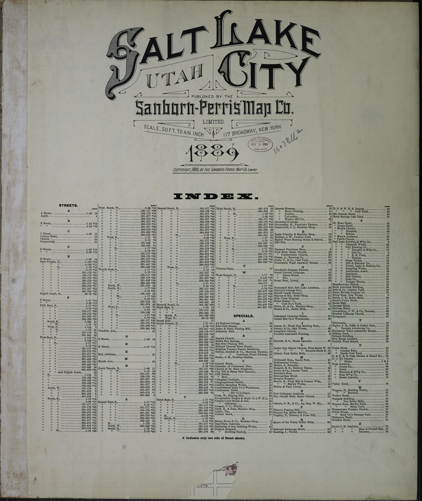 Sanborn Fire Insurance Map from Salt Lake City, Salt Lake County, Utah. (1889) – Historic Sanborn Fire Insurance Map Print