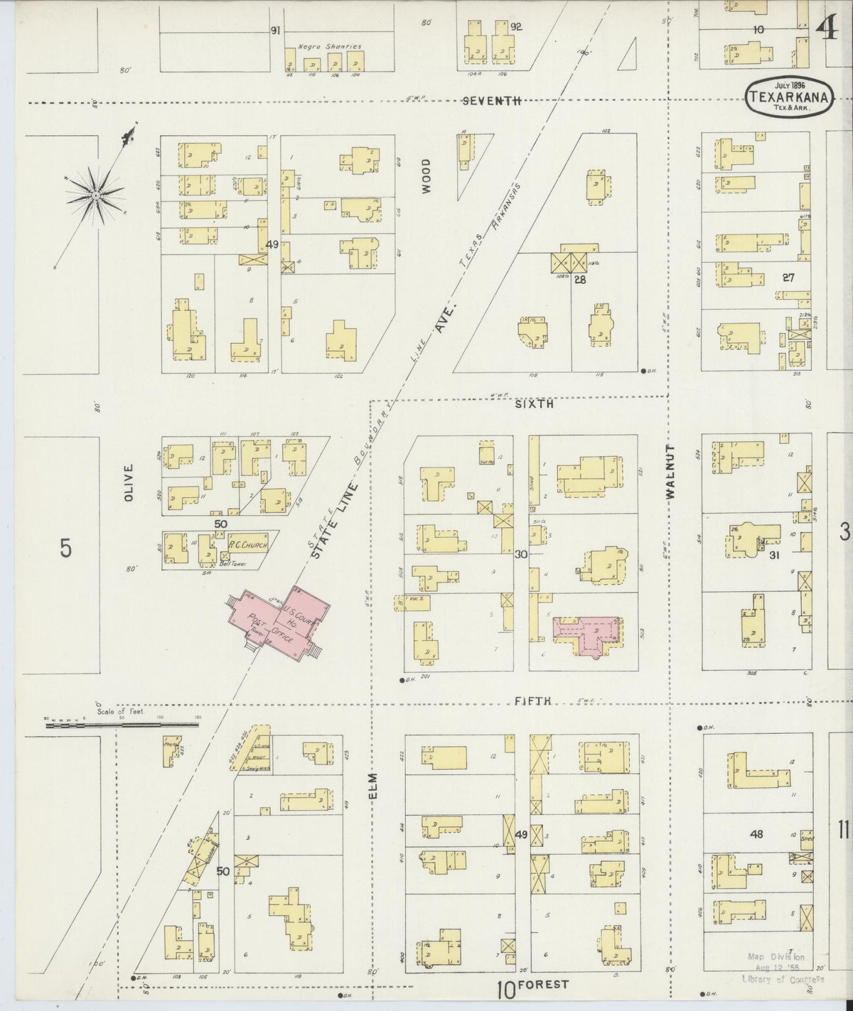 Sanborn Fire Insurance Map from Texarkana, Bowie County, Texas (1896), Sheet #0004 - Complete Map Set gallery image, historic Sanborn map, vintage wall art, Texas Texas