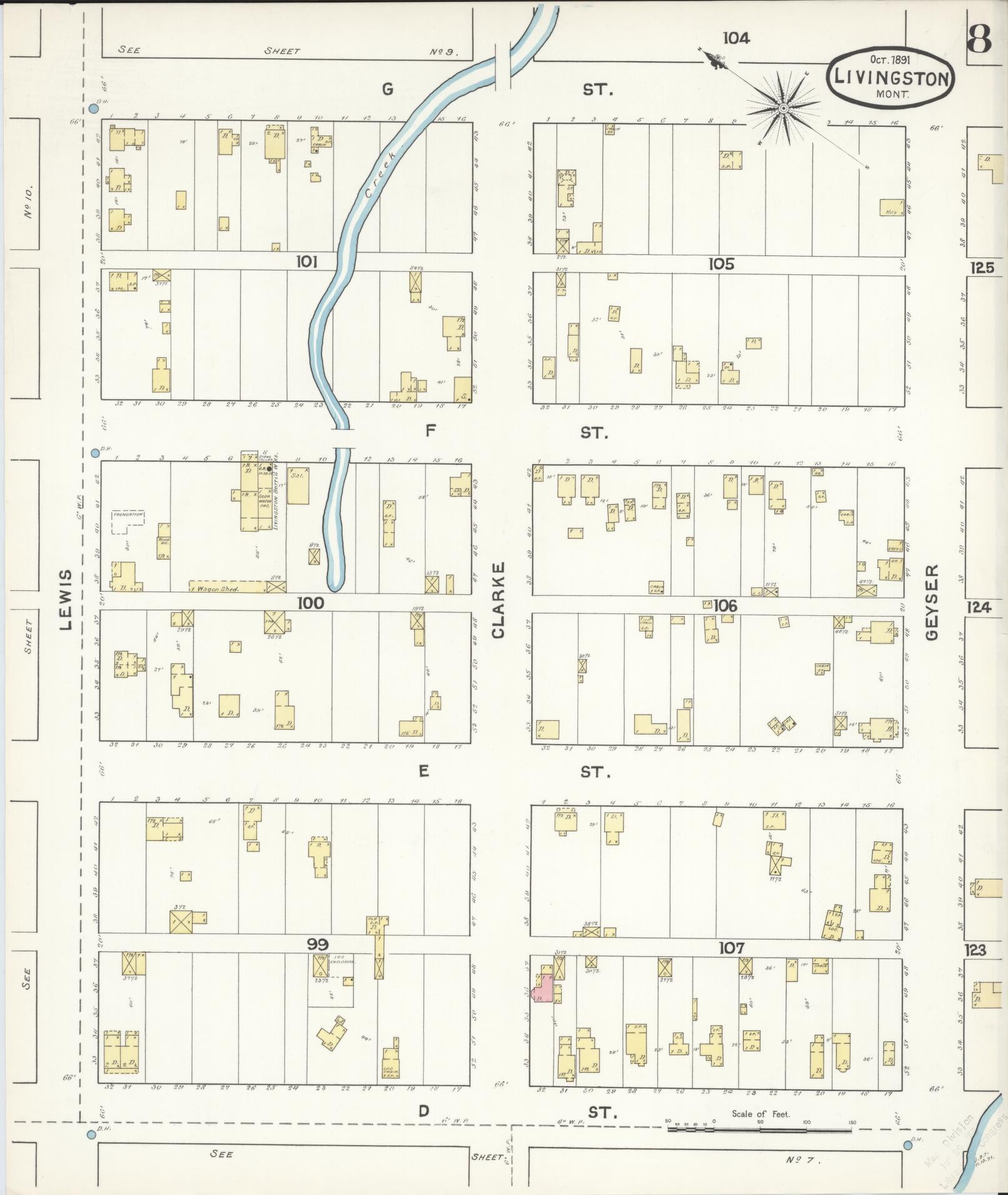 Sanborn Fire Insurance Map from Livingston, Park County, Montana (1891), Sheet #0008 - Historic Sanborn Fire Insurance Map Print, vintage old map wall art, antique decor, genealogy gift, Montana Montana map