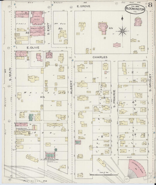 Sanborn Fire Insurance Map from Bloomington, McLean County, Illinois (1886), Sheet #0008 - Historic Sanborn Fire Insurance Map Print, vintage old map wall art, antique decor, genealogy gift, Illinois Illinois map