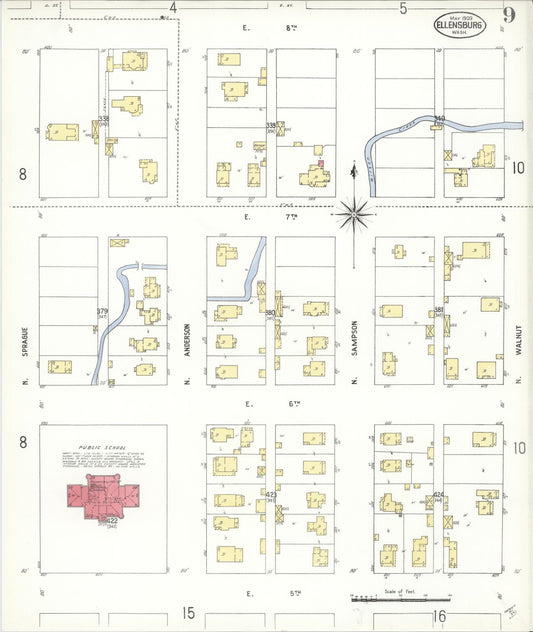 Sanborn Fire Insurance Map from Ellensburg, Kittitas County, Washington (1909), Sheet #0009 - Historic Sanborn Fire Insurance Map Print, vintage old map wall art, antique decor, genealogy gift, Washington Washington map