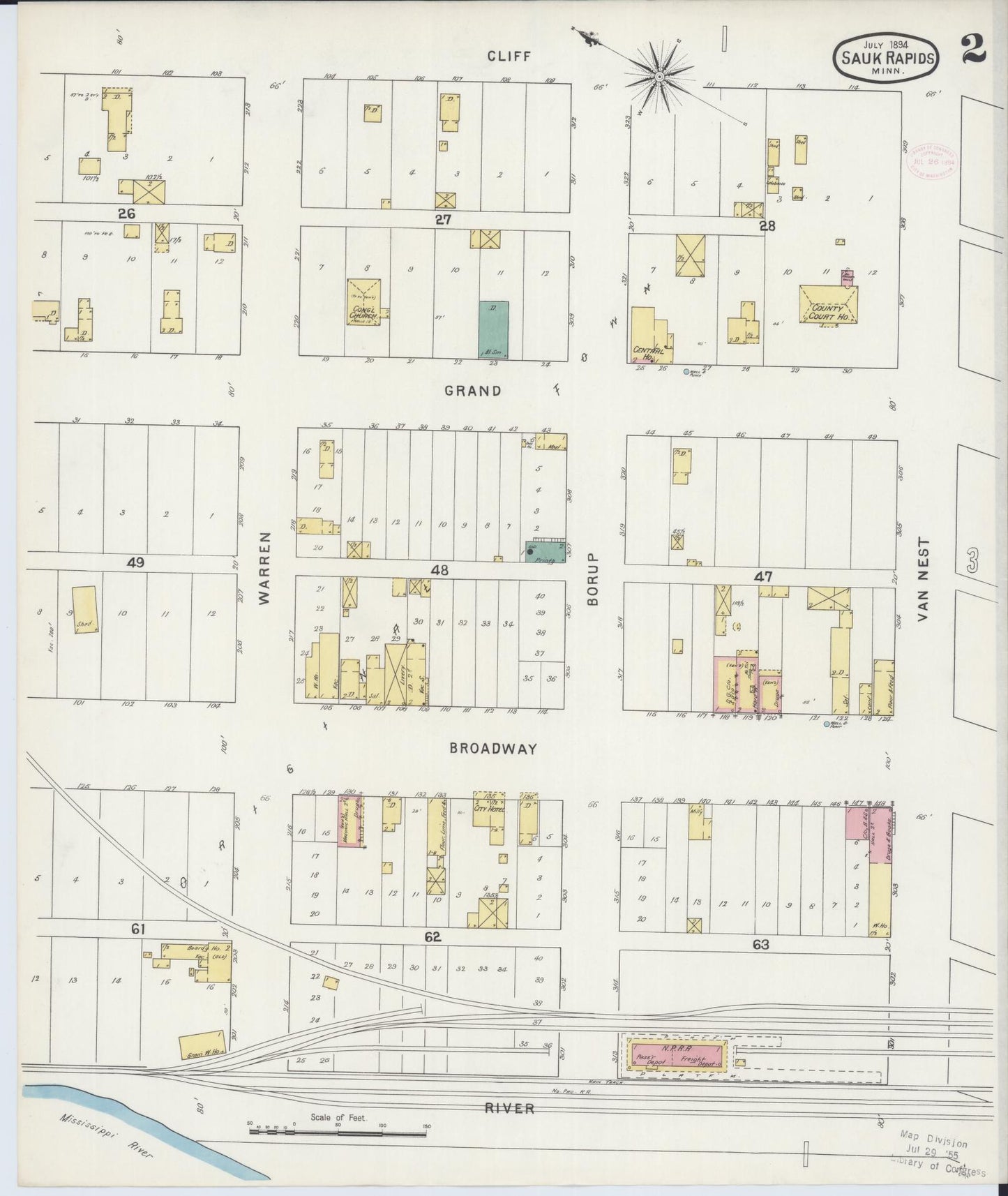 Sanborn Fire Insurance Map from Sauk Rapids, Benton County, Minnesota (1894), Sheet #0002 - Historic Sanborn Fire Insurance Map Print, vintage old map wall art, antique decor, genealogy gift, Minnesota Minnesota map