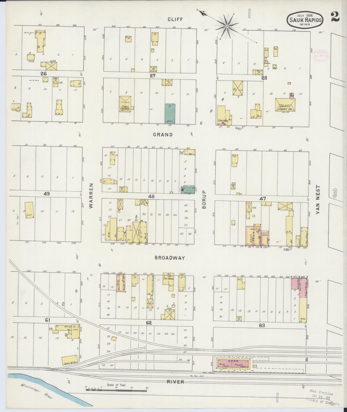 Sanborn Fire Insurance Map from Sauk Rapids, Benton County, Minnesota (1894), Sheet #0002 - Historic Sanborn Fire Insurance Map Print, vintage old map wall art, antique decor, genealogy gift, Minnesota Minnesota map