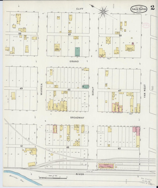 Sanborn Fire Insurance Map from Sauk Rapids, Benton County, Minnesota (1894), Sheet #0002 - Historic Sanborn Fire Insurance Map Print, vintage old map wall art, antique decor, genealogy gift, Minnesota Minnesota map