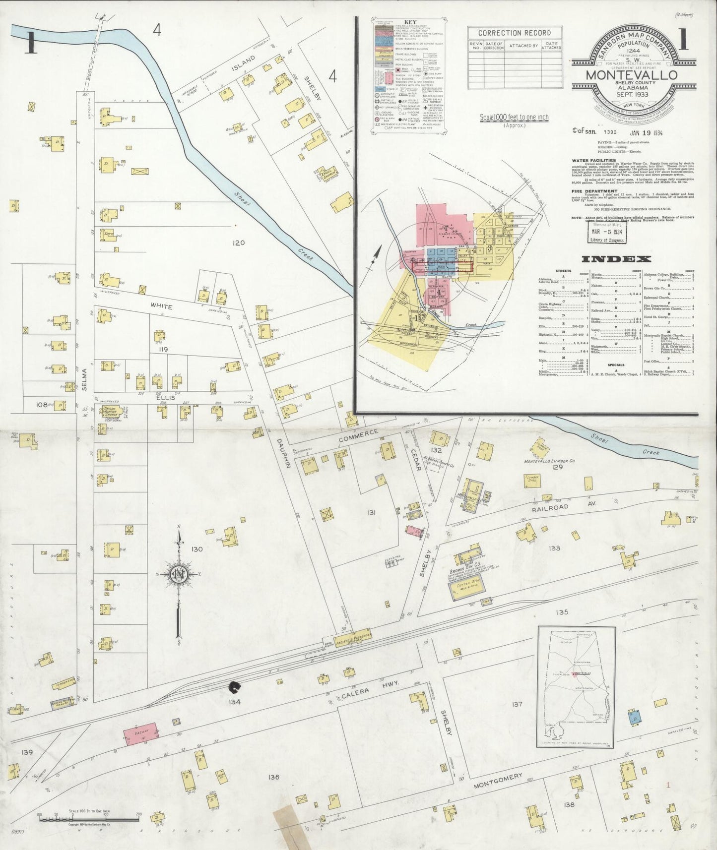Sanborn Fire Insurance Map from Montevallo, Shelby County, Alabama (1933), Sheet #0001 - Historic Sanborn Fire Insurance Map Print, vintage old map wall art, antique decor, genealogy gift, Alabama Alabama map