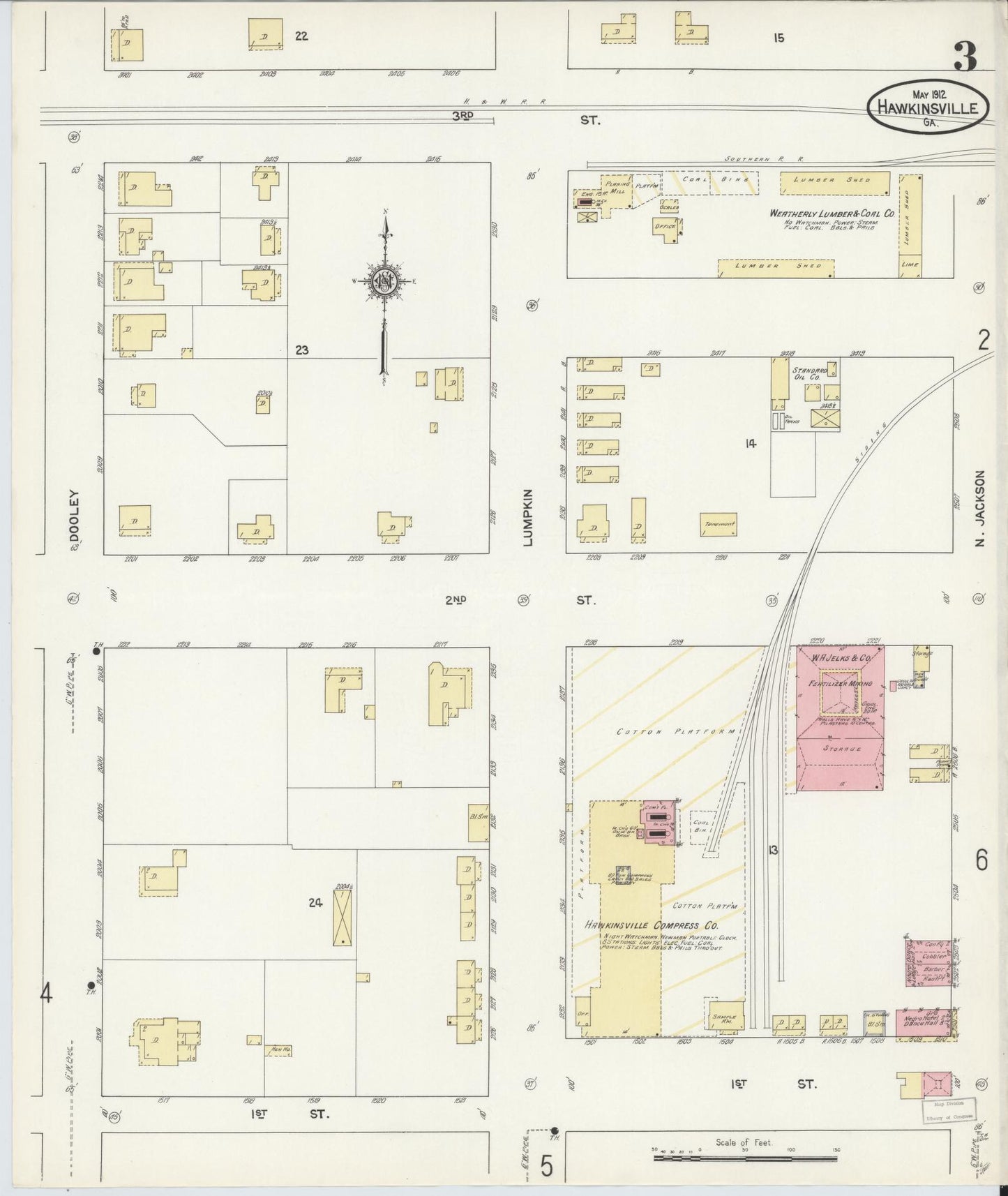 Sanborn Fire Insurance Map from Hawkinsville, Pulaski County, Georgia (1912), Sheet #0003 - Complete Map Set gallery image, historic Sanborn map, vintage wall art, Georgia Georgia