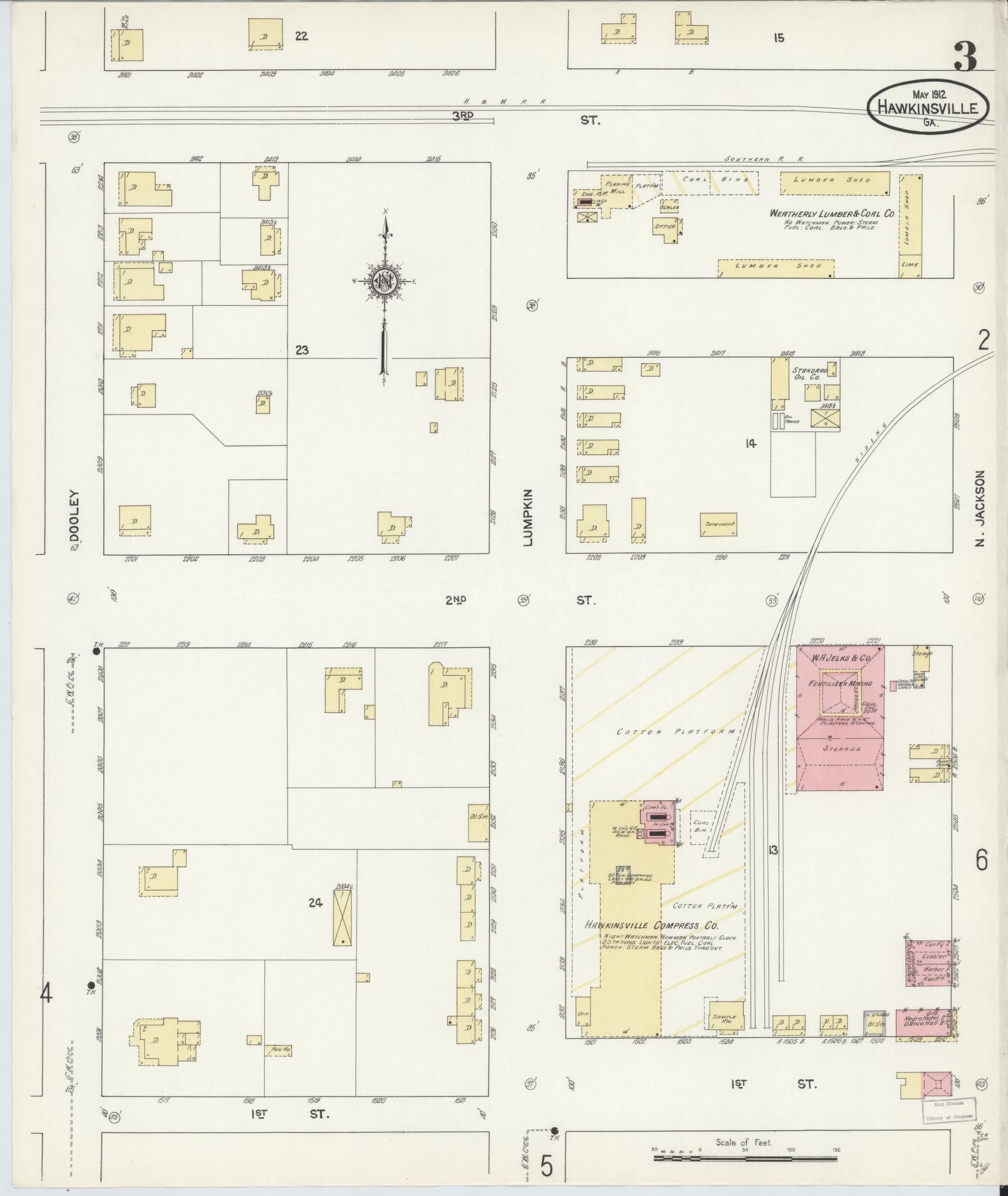 Sanborn Fire Insurance Map from Hawkinsville, Pulaski County, Georgia (1912), Sheet #0003 - Complete Map Set gallery image, historic Sanborn map, vintage wall art, Georgia Georgia