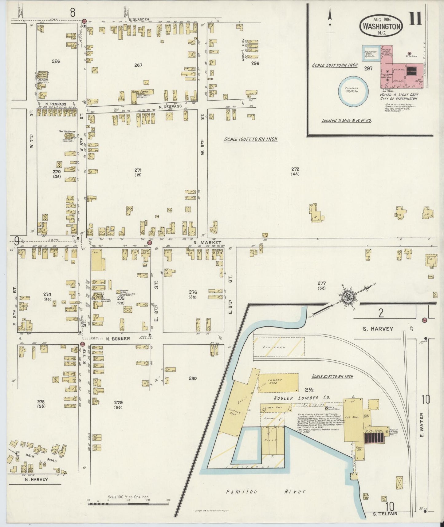 Sanborn Fire Insurance Map from Washington, Beaufort County, North Carolina (1916), Sheet #0011 - Historic Sanborn Fire Insurance Map Print, vintage old map wall art, antique decor, genealogy gift, Washington Washington map