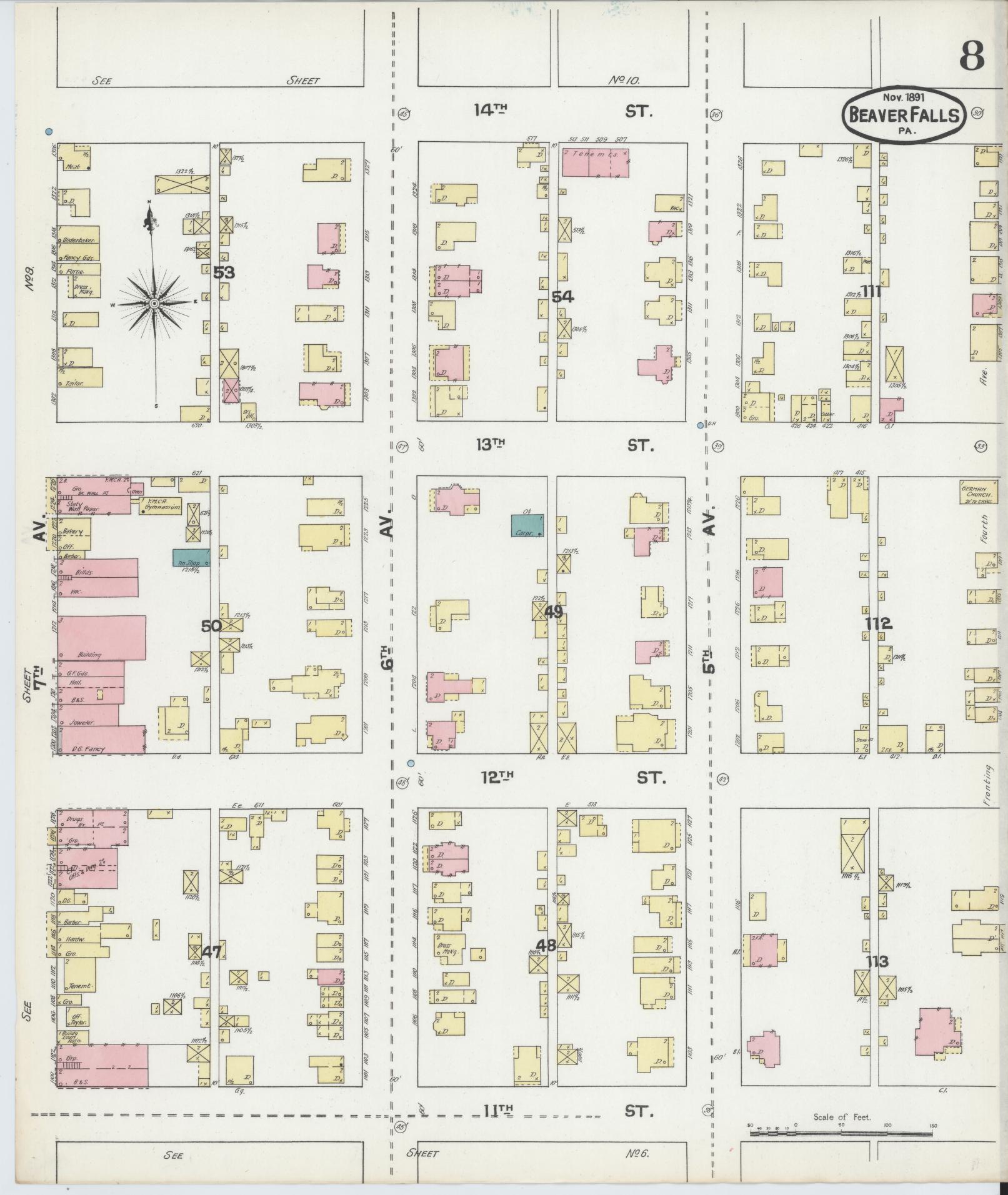 Sanborn Fire Insurance Map from Beaver Falls, Beaver County, Pennsylvania (1891), Sheet #0008 - Historic Sanborn Fire Insurance Map Print, vintage old map wall art, antique decor, genealogy gift, Pennsylvania Pennsylvania map