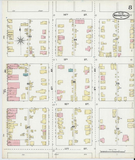Sanborn Fire Insurance Map from Beaver Falls, Beaver County, Pennsylvania (1891), Sheet #0008 - Historic Sanborn Fire Insurance Map Print, vintage old map wall art, antique decor, genealogy gift, Pennsylvania Pennsylvania map