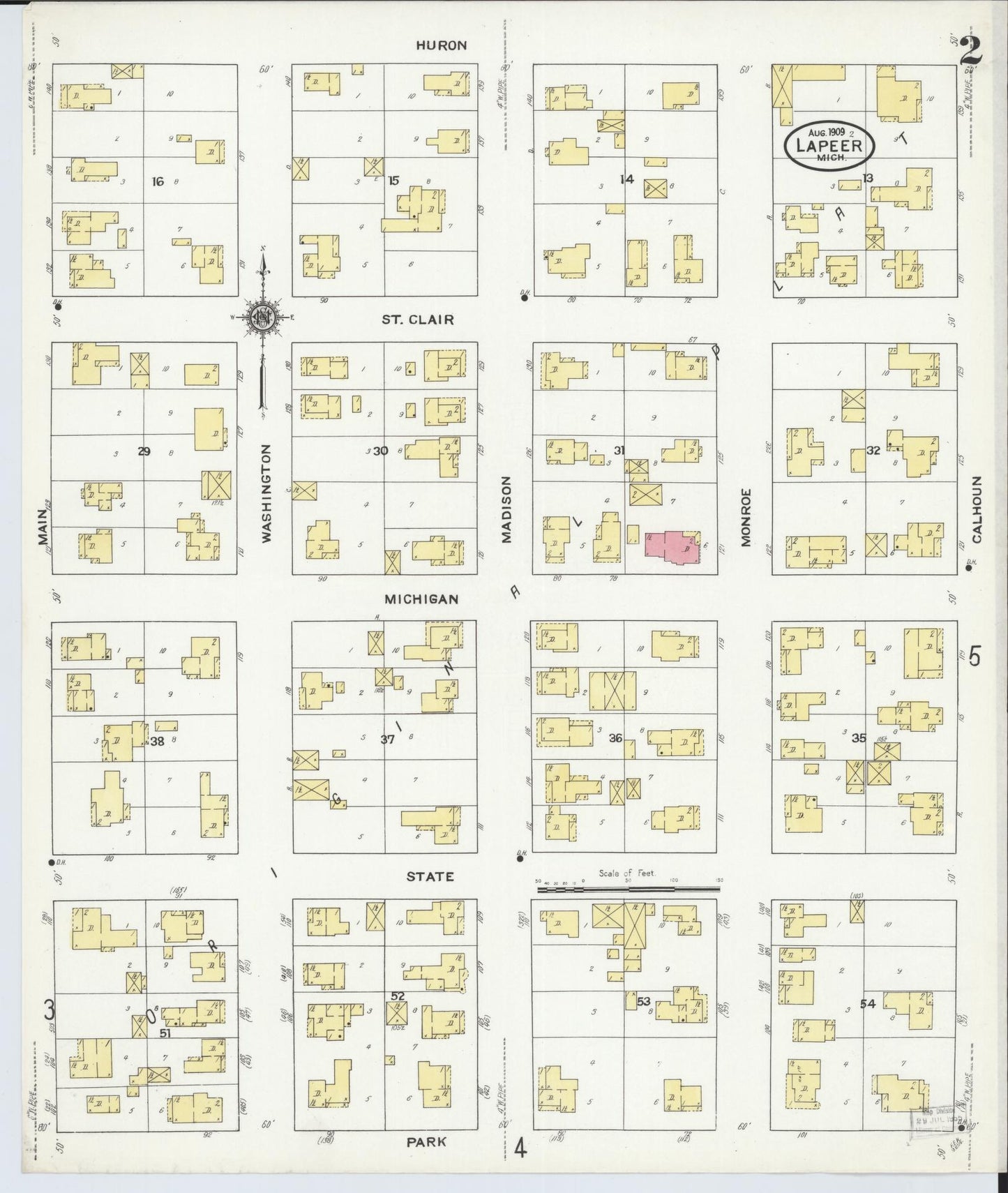 Sanborn Fire Insurance Map from Lapeer, Lapeer County, Michigan (1909), Sheet #0002 - Complete Map Set gallery image, historic Sanborn map, vintage wall art, Michigan Michigan