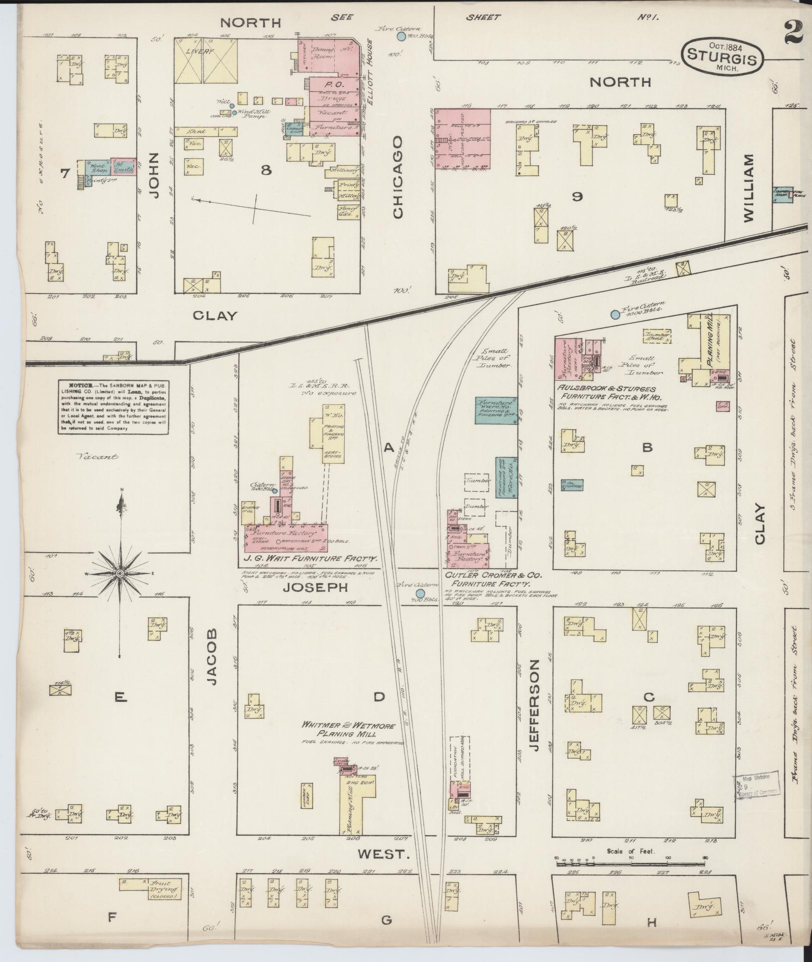 Sanborn Fire Insurance Map from Sturgis, Saint Joseph County, Michigan (1884), Sheet #0002 - Historic Sanborn Fire Insurance Map Print, vintage old map wall art, antique decor, genealogy gift, Michigan Michigan map