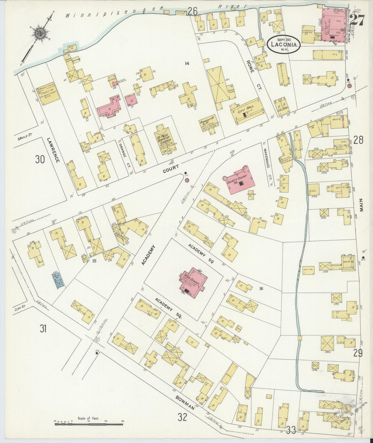 Sanborn Fire Insurance Map from Laconia, Belknap County, New Hampshire (1911), Sheet #0027 - Complete Map Set gallery image, historic Sanborn map, vintage wall art, New Hampshire New Hampshire