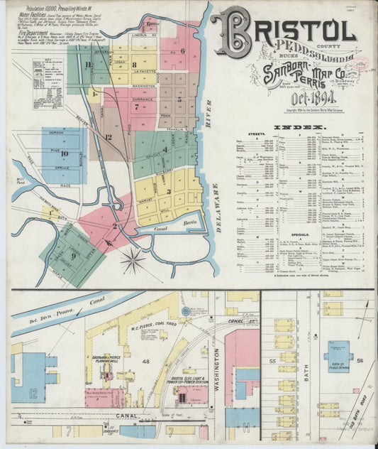 Sanborn Fire Insurance Map from Bristol, Bucks County, Pennsylvania (1894), Sheet #0001 - Historic Sanborn Fire Insurance Map Print, vintage old map wall art, antique decor, genealogy gift, Pennsylvania Pennsylvania map