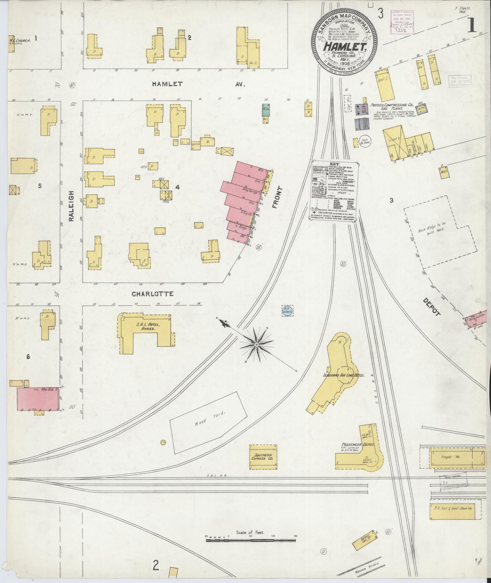 Sanborn Fire Insurance Map from Hamlet, Richmond County, North Carolina (1905), Sheet #0001 - Historic Sanborn Fire Insurance Map Print, vintage old map wall art, antique decor, genealogy gift, North Carolina North Carolina map