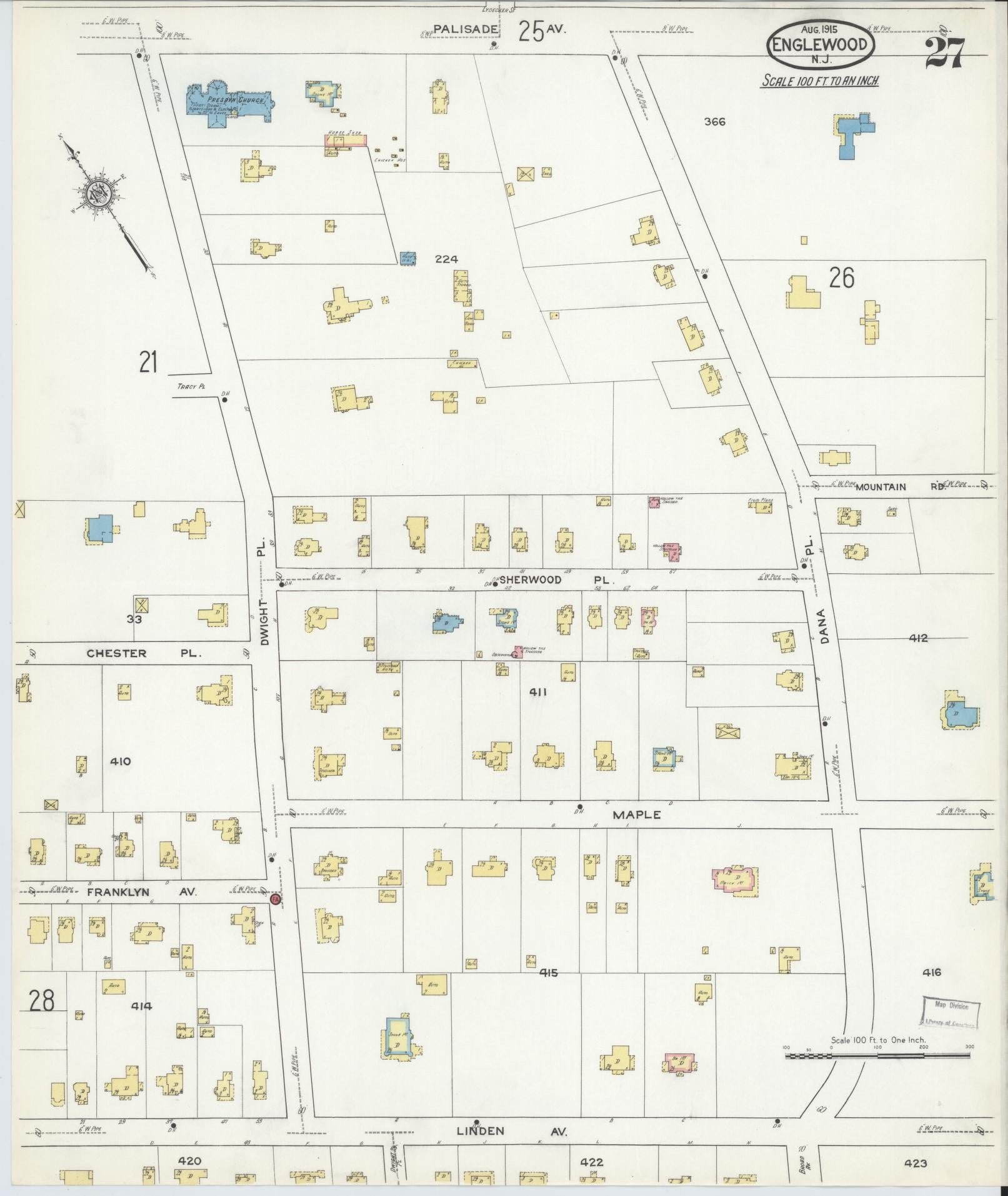 Sanborn Fire Insurance Map from Englewood, Bergen County, New Jersey (1915), Sheet #0027 - Complete Map Set gallery image, historic Sanborn map, vintage wall art, New Jersey New Jersey