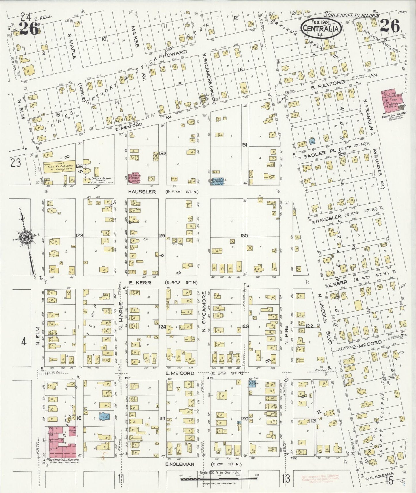 Sanborn Fire Insurance Map from Centralia, Marion, Clinton, Jefferson, and Washington Counties, Illinois (1924), Sheet #0026 - Historic Sanborn Fire Insurance Map Print, vintage old map wall art, antique decor, genealogy gift, Illinois Illinois map