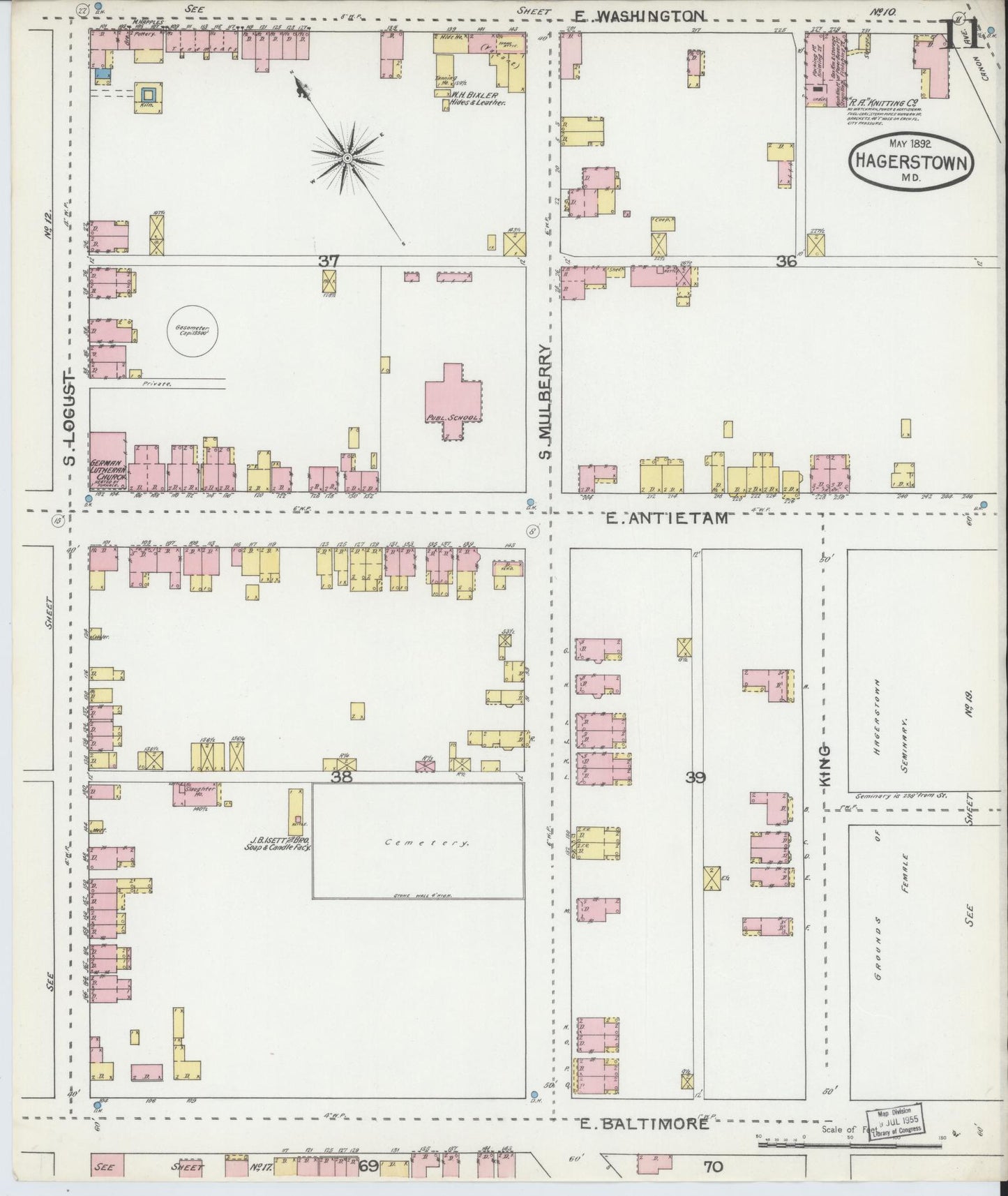 Washington, Maryland - 1892 - Sanborn Fire Insurance Map, Sheet #0011 - Historic Sanborn Fire Insurance Map Print, Washington Maryland 1892 0011 vintage old map wall art