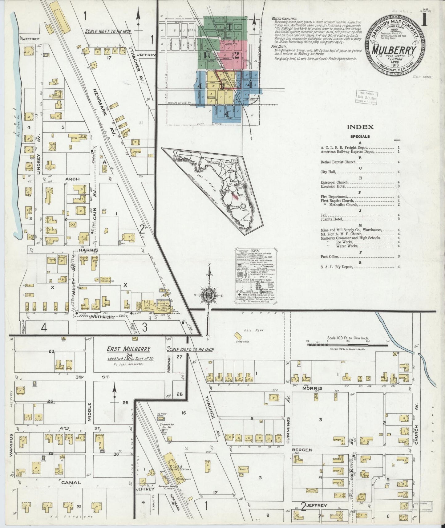 Sanborn Fire Insurance Map from Mulberry, Polk County, Florida (1919), Sheet #0001 - Historic Sanborn Fire Insurance Map Print, vintage old map wall art, antique decor, genealogy gift, Florida Florida map