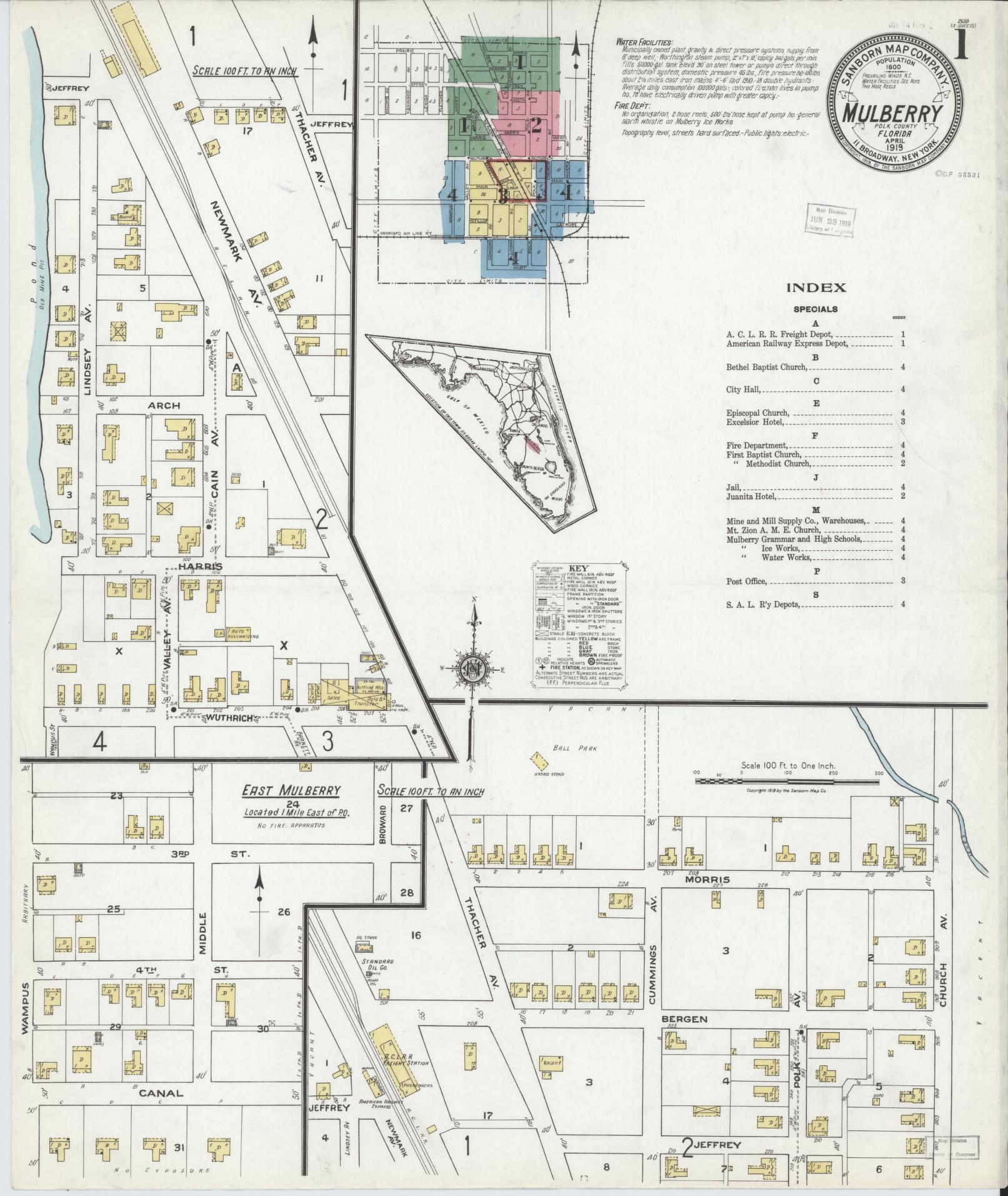 Sanborn Fire Insurance Map from Mulberry, Polk County, Florida (1919), Sheet #0001 - Historic Sanborn Fire Insurance Map Print, vintage old map wall art, antique decor, genealogy gift, Florida Florida map