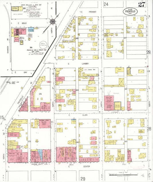 Sanborn Fire Insurance Map from Pocatello, Bannock County, Idaho (1921), Sheet #0027 - Historic Sanborn Fire Insurance Map Print, vintage old map wall art, antique decor, genealogy gift, Idaho Idaho map