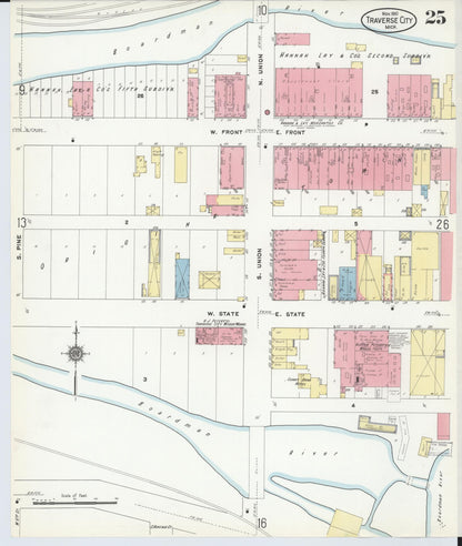 Sanborn Fire Insurance Map from Traverse City, Grand Traverse County, Michigan (1910), Sheet #0025 - Historic Sanborn Fire Insurance Map Print, vintage old map wall art, antique decor, genealogy gift, Michigan Michigan map