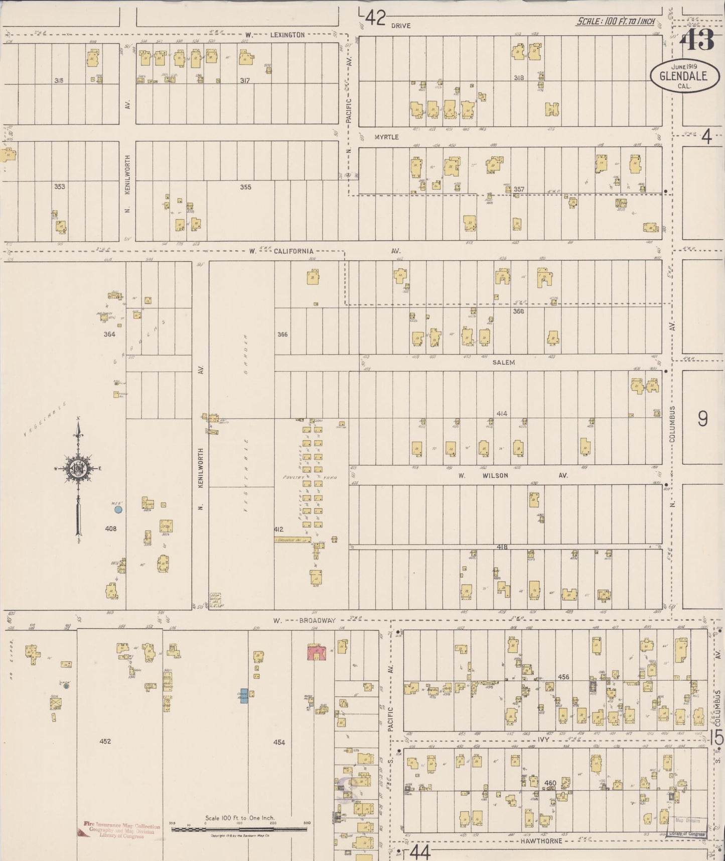 Sanborn Fire Insurance Map from Glendale, Los Angeles County, California (1919), Sheet #0043 - Historic Sanborn Fire Insurance Map Print, vintage old map wall art, antique decor, genealogy gift, California California map