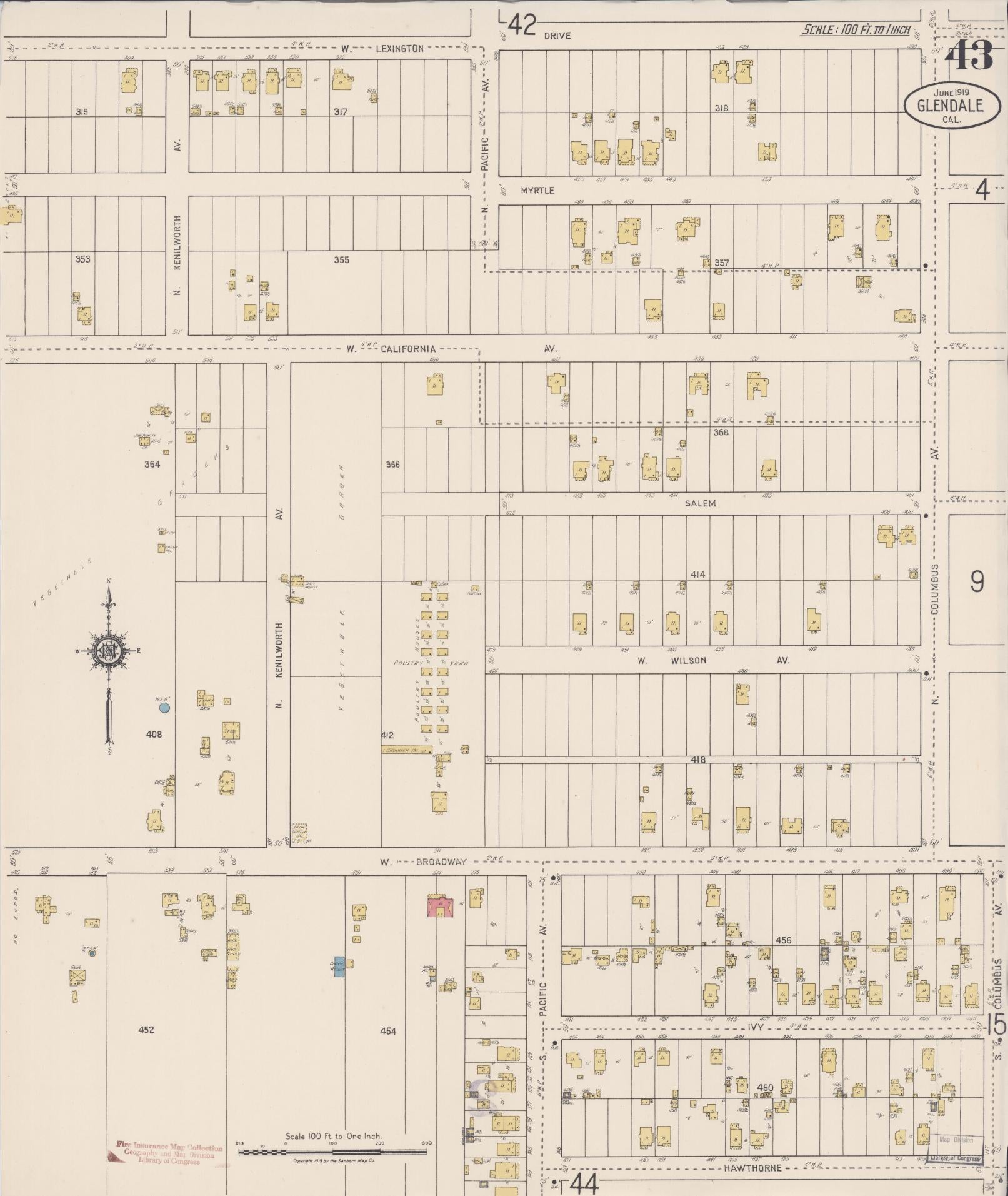 Sanborn Fire Insurance Map from Glendale, Los Angeles County, California (1919), Sheet #0043 - Historic Sanborn Fire Insurance Map Print, vintage old map wall art, antique decor, genealogy gift, California California map