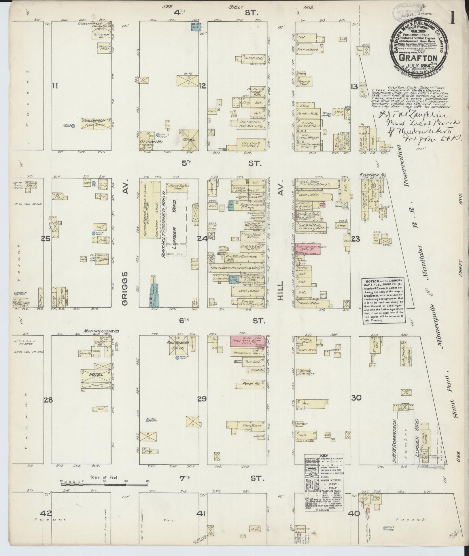 Sanborn Fire Insurance Map from Grafton, Walsh County, North Dakota (1884), Sheet #0001 - Complete Map Set gallery image, historic Sanborn map, vintage wall art, North Dakota North Dakota