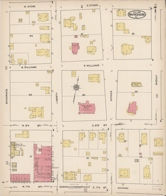 Sanborn Fire Insurance Map from Waynesboro, Burke County, Georgia (1921), Sheet #0007 - Historic Sanborn Fire Insurance Map Print, vintage old map wall art, antique decor, genealogy gift, Georgia Georgia map