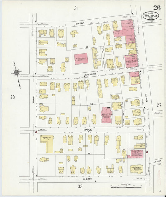 Sanborn Fire Insurance Map from Waltham, Middlesex County, Massachusetts (1911), Sheet #0026 - Historic Sanborn Fire Insurance Map Print, vintage old map wall art, antique decor, genealogy gift, Massachusetts Massachusetts map