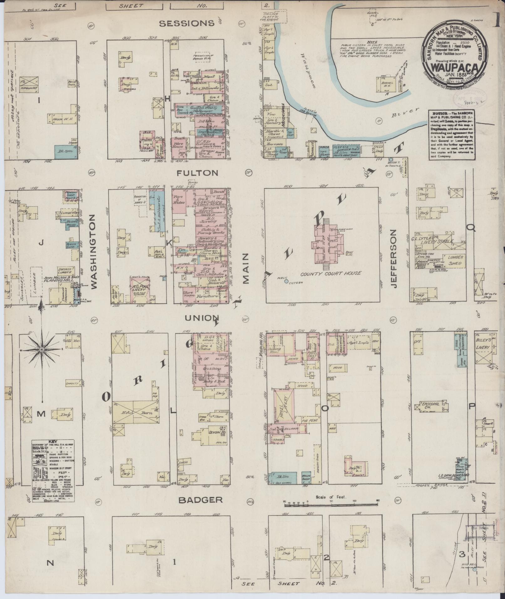 Sanborn Fire Insurance Map from Waupaca, Waupaca County, Wisconsin (1885), Sheet #0001 - Complete Map Set gallery image, historic Sanborn map, vintage wall art, Wisconsin Wisconsin
