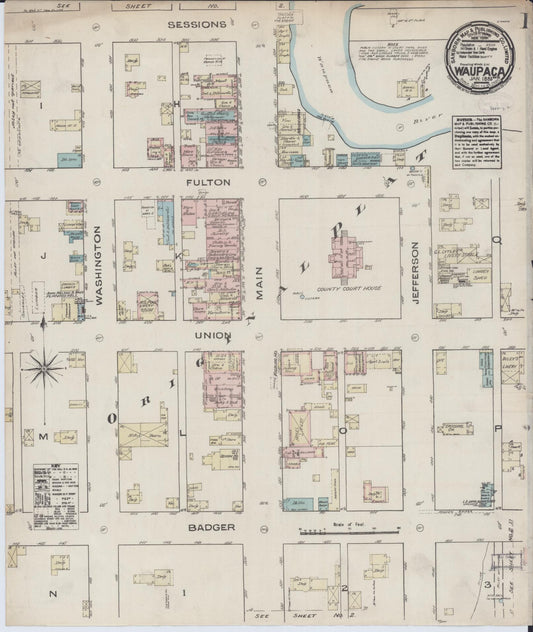 Sanborn Fire Insurance Map from Waupaca, Waupaca County, Wisconsin (1885), Sheet #0001 - Complete Map Set gallery image, historic Sanborn map, vintage wall art, Wisconsin Wisconsin