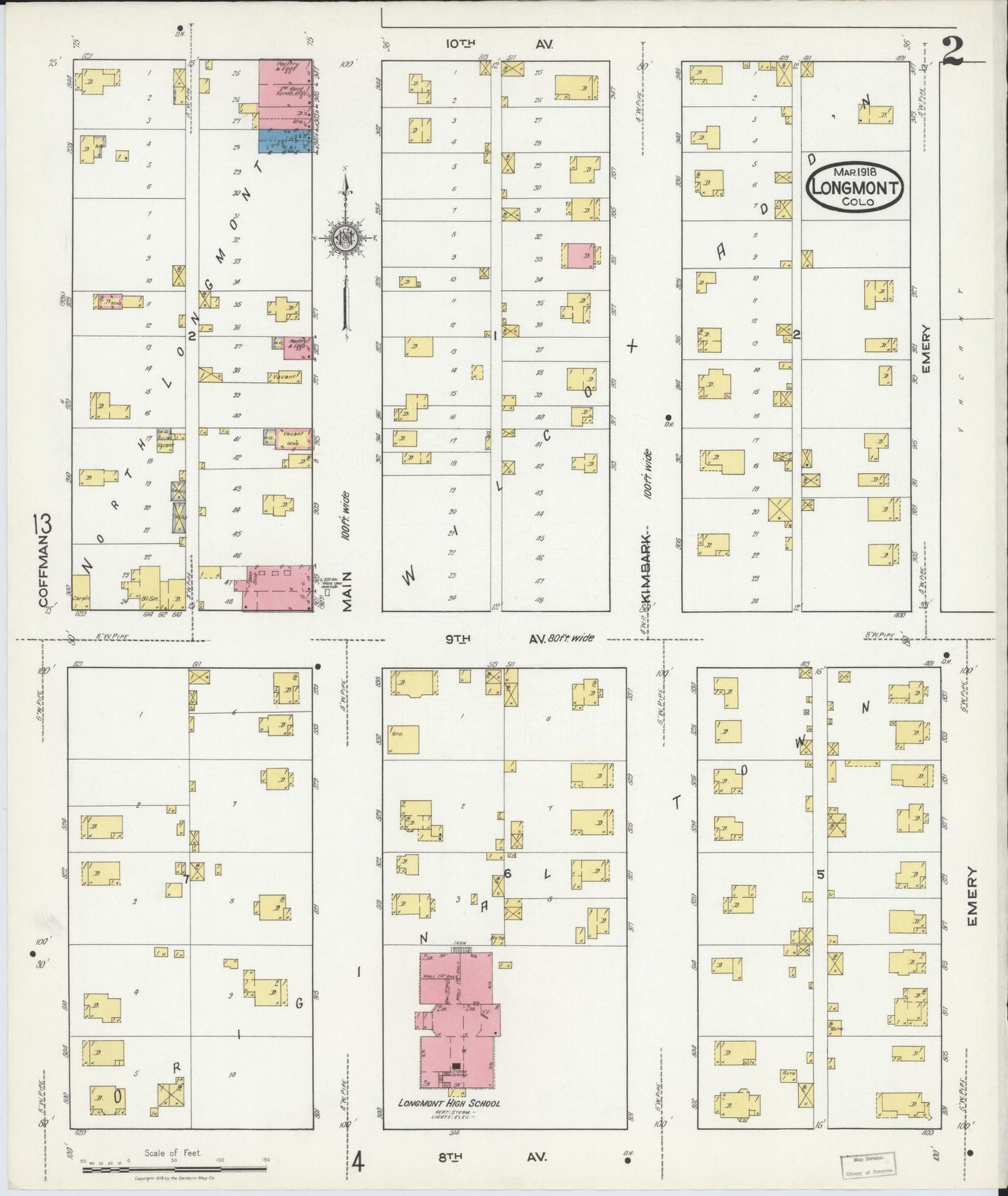 Sanborn Fire Insurance Map from Longmont, Boulder County, Colorado (1918), Sheet #0002 - Complete Map Set gallery image, historic Sanborn map, vintage wall art, Colorado Colorado