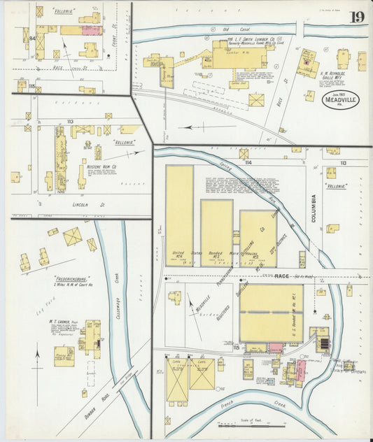 Sanborn Fire Insurance Map from Meadville, Crawford County, Pennsylvania (1901), Sheet #0019 - Historic Sanborn Fire Insurance Map Print, vintage old map wall art, antique decor, genealogy gift, Pennsylvania Pennsylvania map