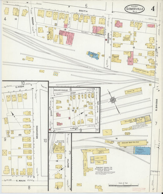 Sanborn Fire Insurance Map from Somerville, Somerset County, New Jersey (1917), Sheet #0004 - Historic Sanborn Fire Insurance Map Print, vintage old map wall art, antique decor, genealogy gift, New Jersey New Jersey map