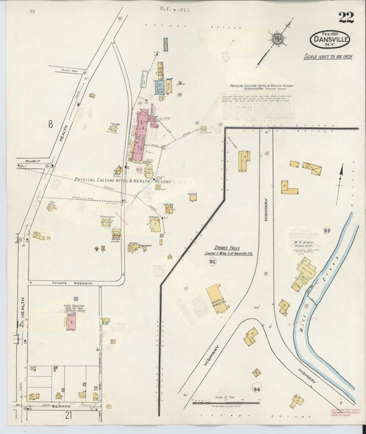 Sanborn Fire Insurance Map from Dansville, Livingston County, New York (1944), Sheet #0022 - Historic Sanborn Fire Insurance Map Print, vintage old map wall art, antique decor, genealogy gift, New York New York map