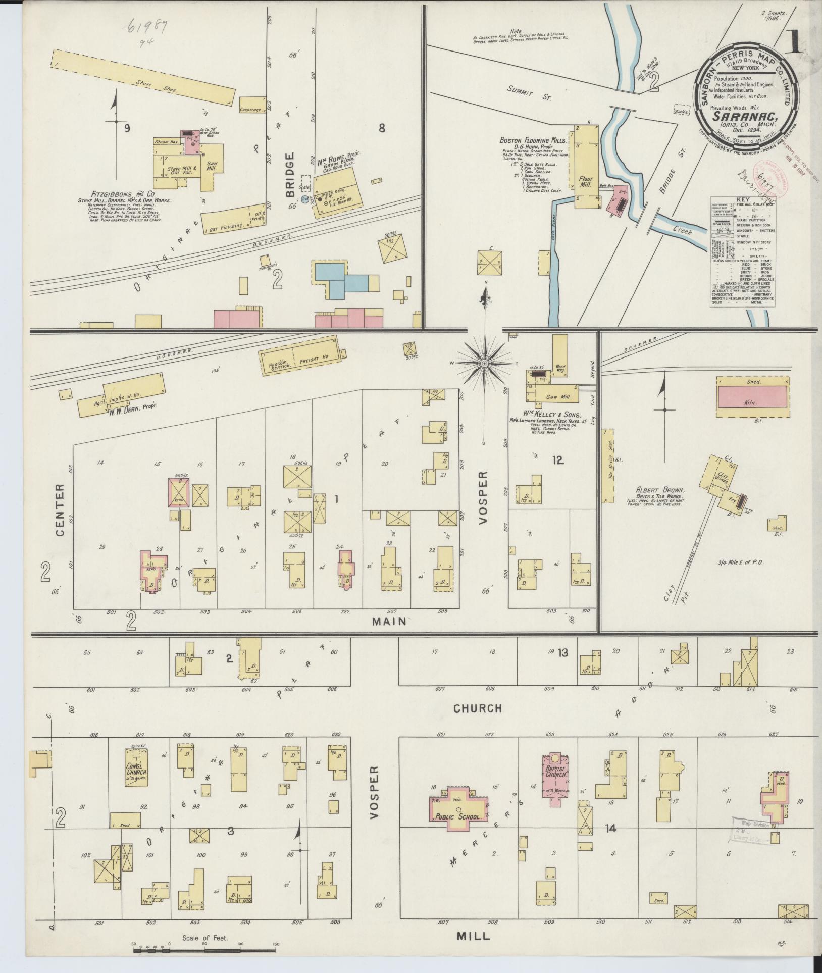 Sanborn Fire Insurance Map from Saranac, Ionia County, Michigan (1894), Sheet #0001 - Complete Map Set gallery image, historic Sanborn map, vintage wall art, Michigan Michigan
